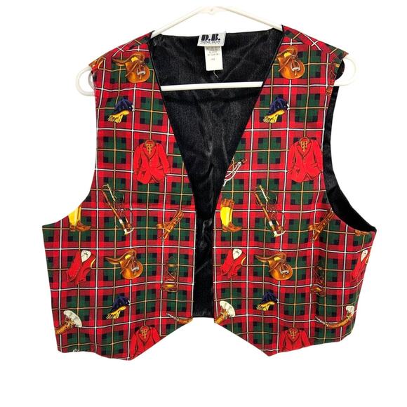 D.B. Riding Gear Plaid Vest Retro Style Print Red Open Front Cotton Size L - Picture 1 of 3